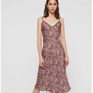 Allsaints Bias Cut Floral Print Slip Dress Medium Viscose Wedding Guest Cocktail
